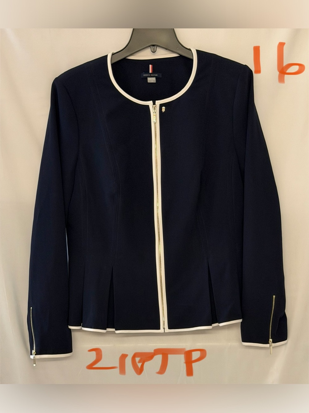 Tommy Hilfiger Navy Blazer Jacket with White Piping and Gold Zippers